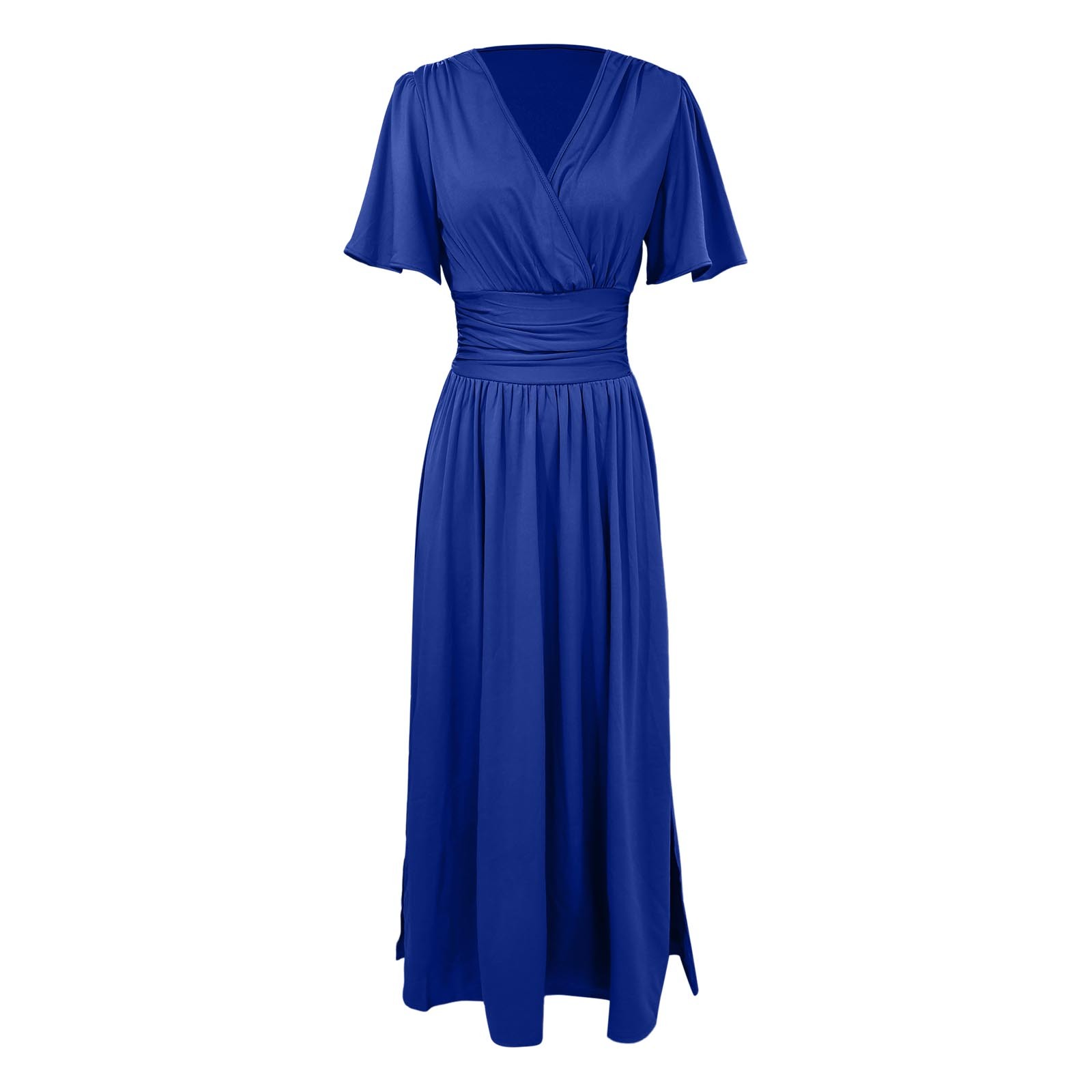 thumbnail image 5 of Vestido largo elegante de cuello en V y cintura alta para mujer: mangas plisadas, abertura lateral, fruncido, vestido de noche para bodas y fiestas., 5 of 5